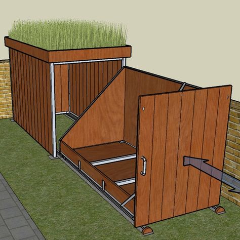 Bike Storage Front Garden, Garden Bike Storage, Bicycle Storage Shed, Outdoor Bike Storage, Bike Shelter, Sedum Roof, Outdoor Shower Diy, Bike Storage Solutions, Play Structures