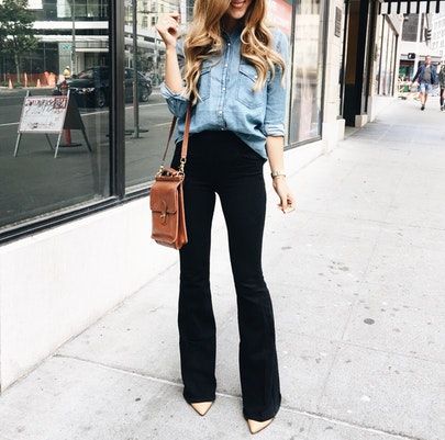 Black Bell Bottom Jeans Outfit, Black Bell Bottom Jeans, Black Bell Bottoms, Cognac Bag, Bell Bottom Jeans Outfit, Modest Chic, Black Flares, Black Flare Jeans, Trendy Dress Outfits