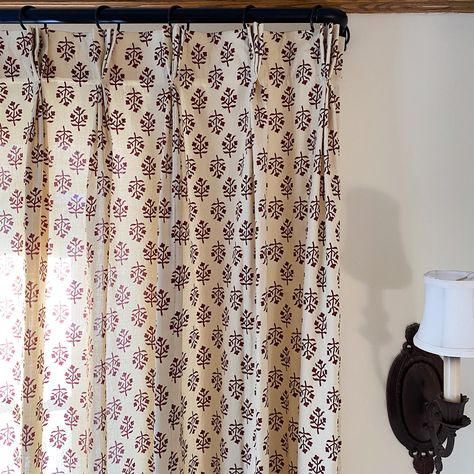 Block Print Drapes, Pleated Shower Curtain, Diy Block Print Curtains, Block Print Curtains, Hang Curtains High, Pinch Pleated Drapes, Kitchen Eating Area, Diy Drapes, Pinch Pleat Drape