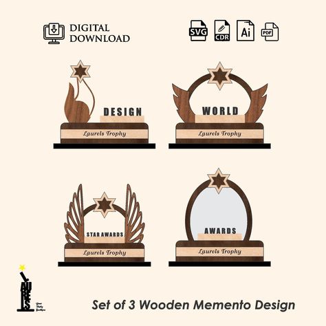 Let me know if you need any specific Format, or any other support regarding the design. Buy any 3 products and get 25% off , Use code: "BUNDLE25". This contains "Set of 4 Star Award Trophies for Download", Let us know if you need any changes in the Trophy Design. You can Personalize the trophy as per your need. No physical product will be sent. This is an instant DOWNLOAD FILE. Features: Trophies : 4 numbers trophy laser cut file in  Instant download: Obtain the complete design in 4 intricate layers for immediate use. Craft your own premium trophies using this design. Versatile usage: Create personalized trophies or unique gifts for special occasions. Custom Trophy. Transformative power: Can transformed to various items like Wall Clock, Wall Art or anything as you wish. You will receive th Star Trophy, Trophy Plaques, Award Plaques, Custom Trophies, Trophy Design, Star Awards, Clock Wall Art, Awards Trophy, Trophies & Awards