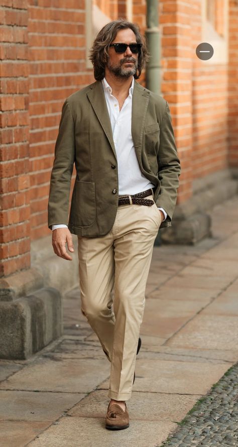 Green And Beige Mens Outfit, Men’s Summer Blazer, Men Dressed Up, Olive Blazer Outfit Men, Tan Sports Coat Outfit Men, Formal Summer Outfits Men, Olive Green Blazer Outfit Men, Khaki Blazer Outfit Mens, Formals For Men Classy