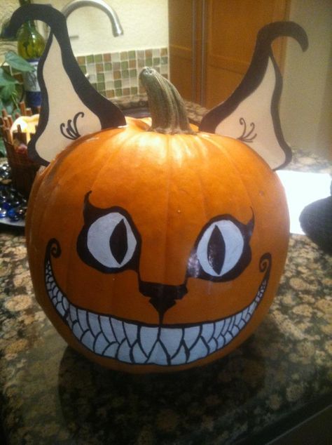 Cheshire Cat Pumpkin by Kendra Hunter Cat Pumpkin Painting, Cheshire Cat Pumpkin, Cat Halloween Pumpkin, Cheshire Cat Halloween, Pumpkin Halloween Decorations, Pumpkin Painting, Cat Pumpkin, Halloween Diy Crafts, Cat Halloween