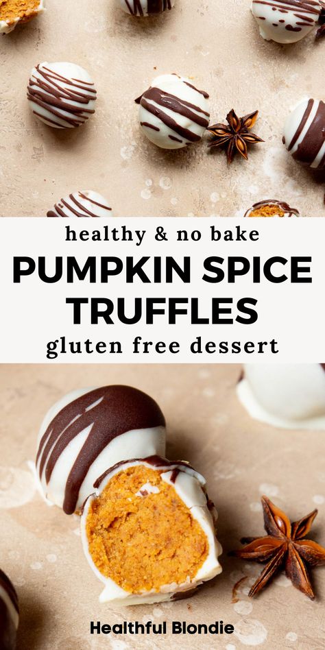 This pumpkin spice truffle recipe is made with real pumpkin puree - they taste just like pumpkin pie! Coated in white or dark chocolate, these homemade holiday truffles are a family favorite and the perfect healthy, no-bake dessert for the holidays. Plus, there’s no refined sugar! They are easy to make in your freezer in under 40 minutes. Healthy dessert and edible gift idea. Vegan Pumpkin Dessert, Pumpkin Pie Healthy, Pumpkin Spice Truffles, Holiday Truffles, Healthy Holiday Desserts, Healthy Holiday Treats, Gluten Free Dessert, Flourless Brownies, Gluten Free Sugar Cookies