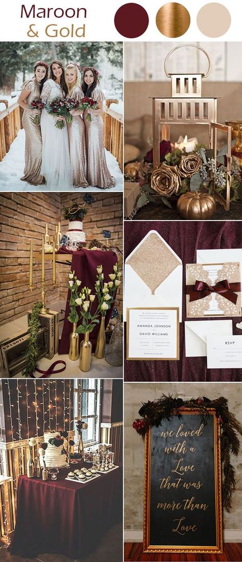 Gold Winter Wedding, Wedding Color Scheme, Maroon Wedding, Gold Wedding Theme, Winter Wedding Colors, Wedding Color Inspiration, Winter Wonderland Wedding, Wonderland Wedding, Winter Wedding Dress