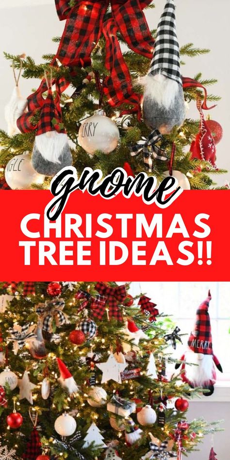 A red, black, and white buffalo plaid tree with gnomes. Gnome Ornaments Christmas Tree, Gnome Christmas Trees Ideas, Gnome Decorated Christmas Tree, Gnome Themed Christmas Tree Ideas, Gnome Christmas Tree Theme, Black White And Red Christmas Tree, Plaid Gnome Christmas Tree, Gnome Themed Christmas Tree, Gnome Christmas Tree Ideas