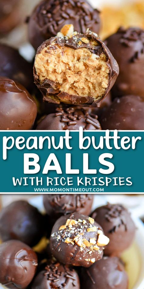 Chocolate Peanut Butter Balls with Rice Krispies are just like your favorite Peanut Butter Balls but with a crispy filling thanks to the rice krispies! This delicious candy is great for the holidays and cookie trays! Truly, the perfect combination of sweet and salty! A must make for Christmas! // Mom On Timeout Chocolate Peanut Butter Balls, Peanut Butter Crunch, Mom On Timeout, Chocolate Covered Peanuts, Candy Truffles, Butter Balls, Candy Recipes Homemade, Christmas Candy Recipes, Peanut Butter Balls