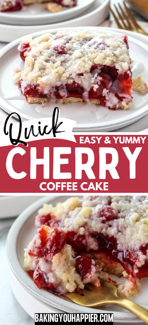 Quick Cherry Coffee Cake, this easy to make coffee cake recipe has been passed down through generations. Your family will love it, too! Easy 8x8 Desserts, Easy Cherry Coffee Cake Recipes, Cherry Coffee Cake Recipes Pie Fillings, Quick And Easy Coffee Cake, Upside Down Cherry Cake, Fruit Coffee Cake Recipes, Cherry Coffee Cake Recipes, Cherry Desserts Easy, Coffee Cakes Recipes