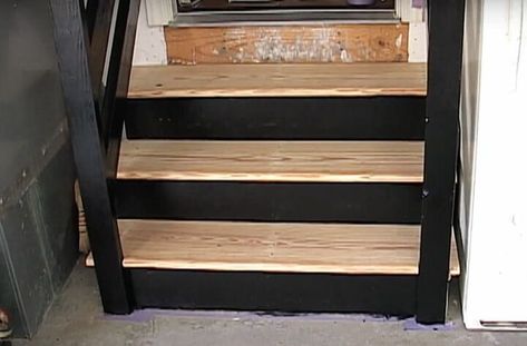 Garage Steps, Small Garden Table, Garage Stairs, Black Railing, Garage Entryway, Garage Update, Diy Scrapbook Paper, Power Sander, Stairs Makeover