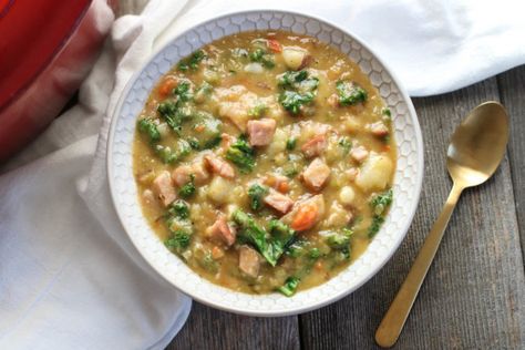 Creamy Ham and Potato Soup - The Real Food Dietitians Potato And Ham Soup, Creamy Ham And Potato Soup, Potato Kale Soup, Whole30 Soup, Whole 30 Soup, Dairy Free Soup Recipe, Paleo Soup Recipe, Gluten Free Soup Recipes Glutenfree, Soup Paleo