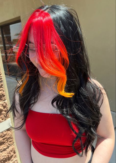 Hair Colors Vibrant, Black And Neon Orange Hair, Emo Orange Hair, Black Hair With Vivid Color, Fairy Hair Colors, Colorful Streaks In Hair, Fun Fall Hair Color Ideas, Fire Hair Dye, Red Money Piece Hair