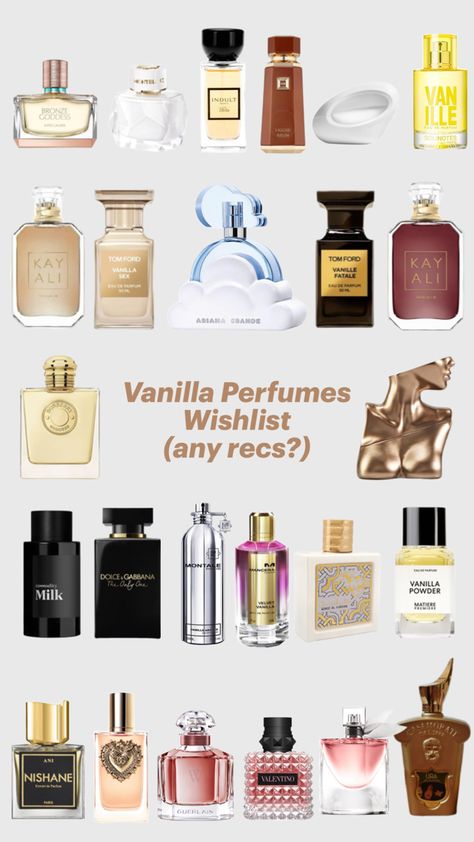 A collage of perfumes that have vanilla notes and is a collection of christmas wishes Cheap Long Lasting Perfume, Sweet Vanilla Perfume, Cheap Perfumes That Smell Expensive, Sweet Smelling Perfume, Best Vanilla Perfume, Sweet Perfumes For Women, Vanilla Perfumes For Women, Layering Fragrance, Perfume Recommendation