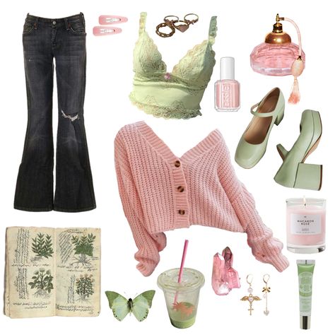 Aphrodite Aesthetic Outfit Pink, Spring Lookbook Outfit Ideas, Cute Outfit Ideas Y2k, Zeldacore Outfits, Easy Kpop Outfits To Recreate, Green And Pink Fits, Picnic Core Outfit, Howl Outfit Aesthetic, Spring Core Outfits