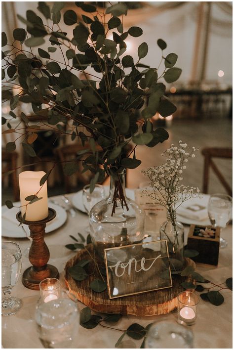 Minimal Rustic Wedding Decor, Woodsy Glam Wedding, Small Wedding Centerpieces Rustic, Brown Bottle Wedding Centerpiece, Wood Disc Wedding Centerpiece, Earth Tone Centerpiece Wedding, Simple Fall Wedding Centerpieces Cheap, Boho Farmhouse Wedding Centerpieces, Brown And Greenery Wedding