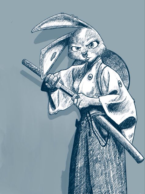 Drawing of an anthropomorphic rabbit woman in traditional Japanese clothing and resheathing a katana. Monks Dnd, Harengon Monk, Harengon Dnd Art, Kensei Monk, Dnd Monk, Deep Gnome, Monk Dnd, Edo Japan, Yuan Ti