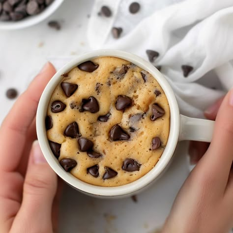 This easy chocolate chip mug cake is lightning fast, deliciously sweet, and fully loaded with ooey-gooey pockets of melted chocolate chips. Easy Cookie In A Mug Recipe, Easy Mug Treats, Choc Chip Mug Cake Cookie In A Cup, Chocolate Chip Cake In A Mug, Choc Chip Mug Cookie, Easy Things To Make With Chocolate Chips, Mug Cakes Chocolate Chip, Microwave Cookies Recipe Mug Cakes, Mug Desserts Microwave Healthy