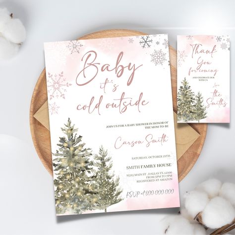 Winter Invitations, Winter Baby Shower Invitations, Outside Baby Showers, Baby Shower Invitation Template, Gender Reveal Cake, Pink Winter, Baby It's Cold Outside, Baby Shower Winter, Invitation Baby Shower