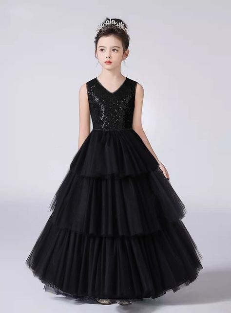 Black Tulle Sequins Tiers Flower Girl Dress Black Flower Girl Dress, Custom Made Wedding Dresses, Sequin Flower Girl Dress, Nye Wedding, Sequin Bow, Fairytale Dress, Black Tulle, Pink Tulle, Sequin Beading