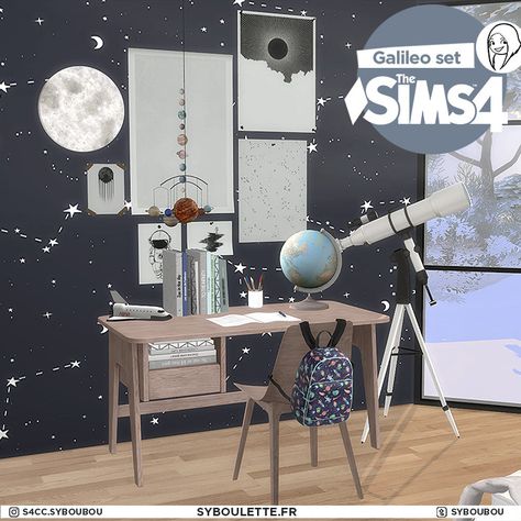 Galileo kid bedroom cc sims 4 2 Bedroom Cc Sims 4, Rustic Staircase, Space Themed Bedroom, Sims 4 Clutter, Sims 4 Bedroom, Sims 4 Children, Kid Bedroom, Sims 4 Cc Furniture, Space Room