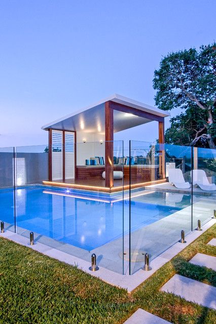 Pool Area 20 Outstanding Gazebo Design Ideas for Relaxing in Style Pergola Modern, Cabana Design, Pool Gazebo, Pool Pergola, Glass Pool Fencing, Moderne Pools, Pool Cabanas, Glass Railings, Glass Fence