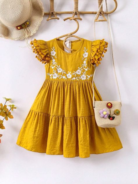 Young Girl Sweet Lovely Ruffle Trim Simple Summer Dress Yellow Summer Smocked Dress, Yellow Sleeveless Smocked Dress With Ruffles, Cotton Ruffle Dress For First Birthday, Baby Girl Frock Designs Summer, Baby Girl Yellow Dress, Holiday Maxi Dress, Countryside Style, Simple Summer Dresses, Girls Sweet