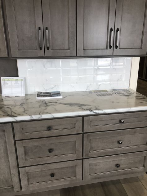 Grey Kitchen Cabinets With White Counter, Grey Wash Cabinets Kitchen, Cannon Gray Cabinets, Gunsmoke Kitchen Cabinets, Kitchen Backsplash Tiles Ideas, Grey Wash Kitchen Cabinets, Gray Wash Cabinets, Wood Cabinet Colors, Dark Grey Kitchen Ideas