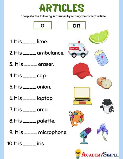 #academysimple, #worksheets, #printable, #primaryschool, #elementaryschool, #academia, #kidsactivities, #activitiesforkids, #cram, #homeschooling, #educationalresources, #download, #pdf, #practice, #learning, #studentfocusededucation, #education, #articles, #articlesinenglish, #aoran, #a-an, #learningenglish, #englishgrammar Pronunciation Worksheet, English Language Learning Activities, Preschool Counting Worksheets, Preschool Activity Books, Kindergarten Math Worksheets Free, Reading Comprehension For Kids, English Grammar Exercises, Reading Comprehension Kindergarten, Kindergarten Phonics Worksheets