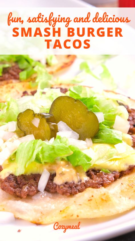 Smash burger tacos, also known as Big Mac tacos, are a delicious viral food mashup. Juicy smashed burgers are cooked on a flour tortilla and are topped with savory onions, tart pickles and an addictive burger sauce. Smash Burger Tacos, Big Mac Tacos, Mac Tacos, Burger Tacos, Smashed Burgers, Taco Burger, Viral Food, Smash Burgers, Taco Time