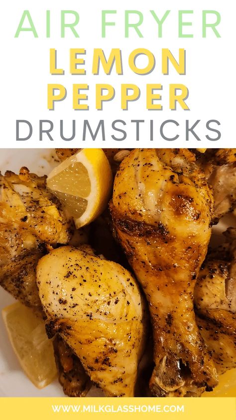 These lemon pepper chicken legs are a super flavorful dinner that comes together on-the-fly! They can be prepared easily in either an air fryer or oven, too. Lemon Pepper Chicken Legs Air Fryer, Chicken Legs Air Fryer, Lemon Pepper Drumsticks, Drumsticks Oven, Flavorful Dinner, Lemon Pepper Chicken, Pepper Chicken, Glass Home, Chicken Legs