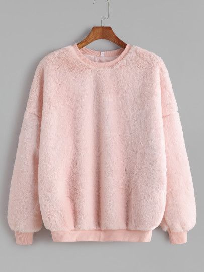 Pink Drop Shoulder Fluffy Fleece Sweatshirt Casual Pullover Outfit, Casual Home Outfits, Stitching Dresses, Casual Skirt Outfits, Crop Top Outfits, Sweater Design, Kawaii Clothes, Girls Fashion Clothes, Girly Outfits