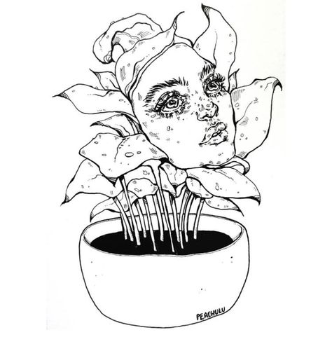 Plants With Faces Drawings, Flowers With Faces Tattoo, Creepy Plants Drawing, Flowers With Faces Drawing, Quirky Drawings, Human Face Drawing, Arte Grunge, Graphic Novel Art, Tatuaje A Color