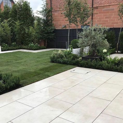 Cream Porcelain Patio, Garden Slabs Ideas, Garden Patio Ideas Paving, Porcelain Patio Ideas, Paving Slabs Ideas, Porcelain Patio, Garden Redesign, Hardscape Patio, Patio Extension