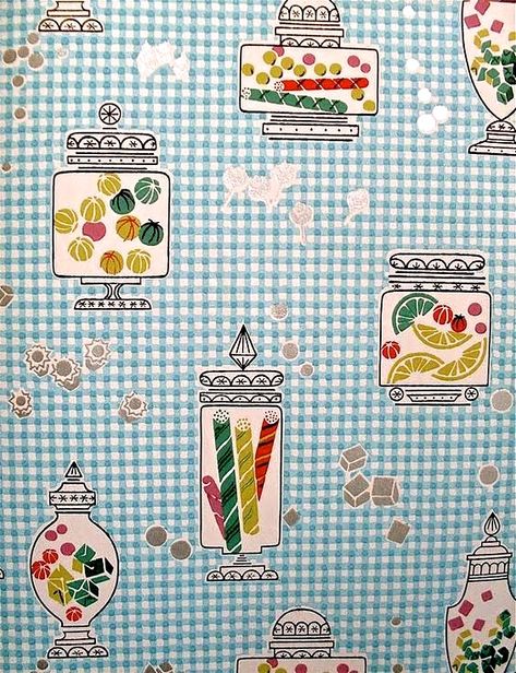 1950 Wallpaper, Wallpaper Candy, 1950s Love, 1950s Wallpaper, Retro Things, Pretty Candy, Larder Unit, Food Pattern, 1950s Design