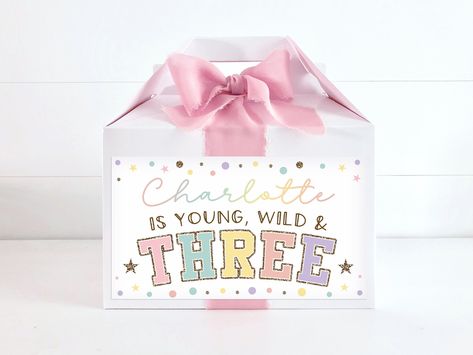 Party Gable Box For Young Wild And Three Theme Birthday Party, Edit In Corjl 3rd Birthday Party Favors Thank You Party Box Editable Template 3rd Birthday Party Favors, Wild And Three Party, Hello Kitty Theme Party, Young Wild And Three, Kitty Theme, Box Printable, Party Edit, Thank You Party, 3rd Birthday Party