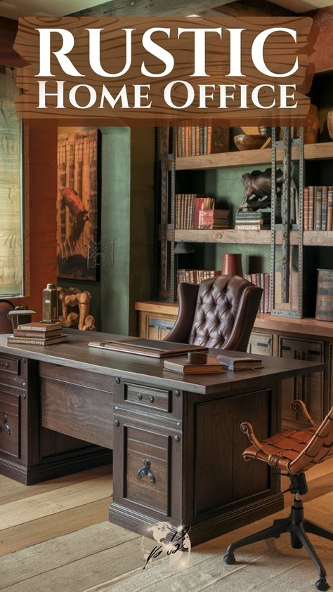 Rustic home offices thrive on blending natural elements like wood and metal with an industrial edge. A rustic home office desk paired with industrial small office design creates the perfect man cave work environment. Add vintage decor and charm for a truly unique space. #rusticmensoffice #officeforhimideas #woodfurniturediy #industrialofficehome #woodandblackinteriordesign #woodstoneinteriordesign #rusticelegancedecor #officerusticdesign Industrial Small Office, Rustic Elegance Decor, Bohemian Home Office, Rustic Home Office, Western Office, Rustic Home Offices, Small Office Design, Reclaimed Wood Desk, The Perfect Man