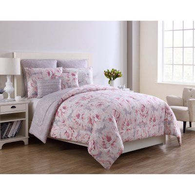 Jill 8 Piece Comforter Set by Mainstays - JL1-8CS-KING-WD-GREY Loveshackfancy Room, Pink Comforter Sets, Dorm Comforters, Laura Ashley Bedding, Pink Dorm, Pink Comforter, Cotton Comforter Set, Dorm Room Inspo, Twin Xl Comforter