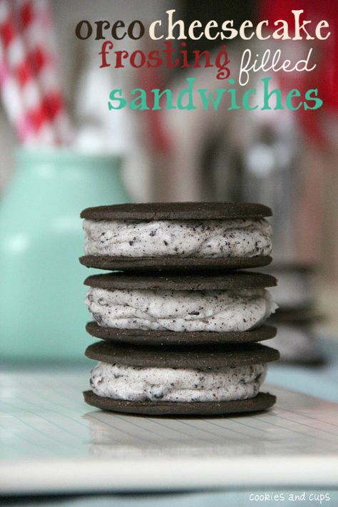 No bake Oreo Cheesecake Frosting filled Sandwiches. Filled Sandwiches, Cheesecake Frosting, Cookies And Cups, No Bake Oreo Cheesecake, Chocolate Wafer Cookies, Simple Sandwiches, Chocolate Wafers, Easy Homemade Recipes, Oreo Cheesecake