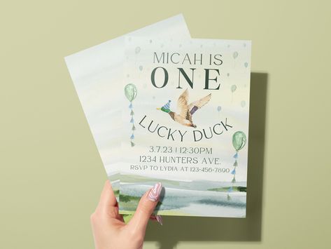 Lucky Duck First Birthday, Duck First Birthday, Lucky Duck Birthday, One Lucky Duck, Duck Party, Hunting Theme, Birthday Puns, Hunting Birthday, First Birthday Invite