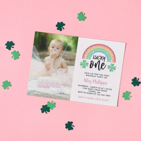 Pink Clover & Rainbow Lucky One Photo 1st Birthday Invitation Pink Clover, Rainbow Birthday Invitations, Birthday Party Design, Green Clover, 1st Birthday Invitation, Party Stationery, One Photo, 1st Birthday Invitations, First Birthday Invitations