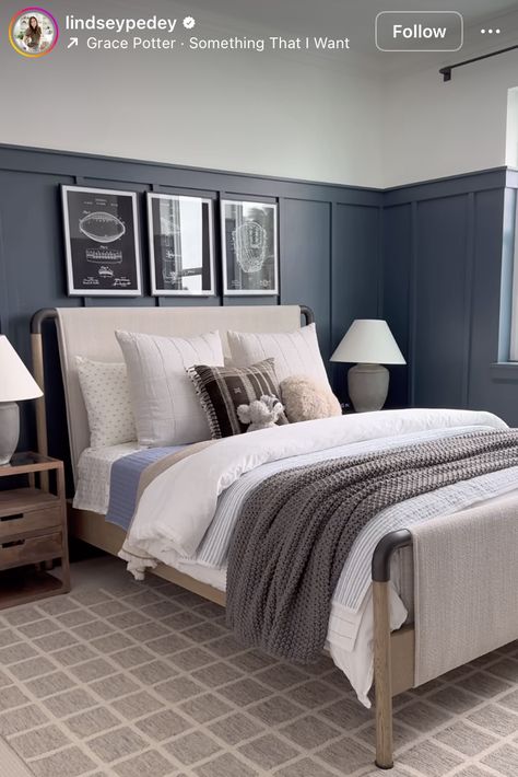 Bedroom With Blue Accent Wall, Blue Accent Wall, Neutral Bedroom, Blue Accent, Statement Wall, Boys Bedroom, Boy's Bedroom, Accent Wall, Bedroom