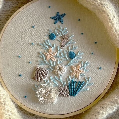 Embroidry Pattern, Coastal Christmas Tree, Christmas Under the sea Step By Step PDF Pattern, Sea-themed Christmas Ornament Embroidery Design - Etsy Portugal Sea Embroidery Ideas, Ocean Inspired Embroidery, Sea Inspired Embroidery, Sea Theme Embroidery, Sea Life Embroidery Designs, Christmas Tree Embroidery, Coastal Christmas Tree, Different Stitches, Coastal Christmas