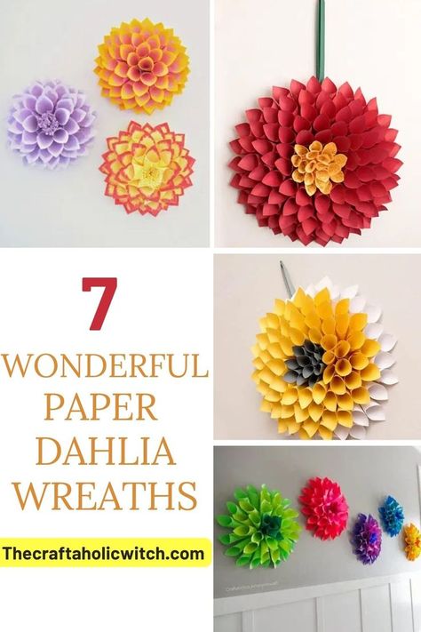 How to Make Paper Dahlia Wreaths Dahlia Wreath, Free Paper Flower Templates, Paper Wreaths, Rainbow Project, Spring Flower Wreath, Paper Flower Wreaths, Book Page Wreath, Paper Dahlia, Paper Rosettes