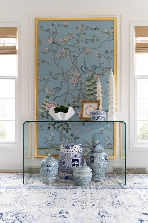 Wallpaper Panels Lounge, Wallpaper On Panel, Italy Inspired Wallpaper, Wallpaper As Art Wall Decor, Diy Wallpaper Panels, Charleston Decor Interior Design, Chinoiserie Decorating Bedroom, Framing Wallpaper As Art, Diy Chinoiserie Panels