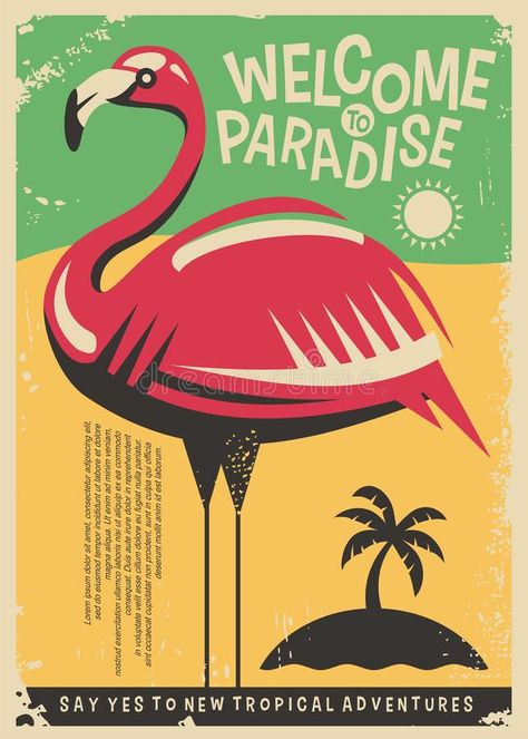 Pink flamingo retro poster design. For tropical travel destinations. Welcome to #Sponsored , #Sponsored, #AD, #flamingo, #poster, #travel, #retro Retro Poster Design, Shows Like Stranger Things, Vintage Flyer, Miami Posters, Tropical Travel Destinations, Flamingo Illustration, Tropical Poster, Welcome To Paradise, Flamingo Tropical