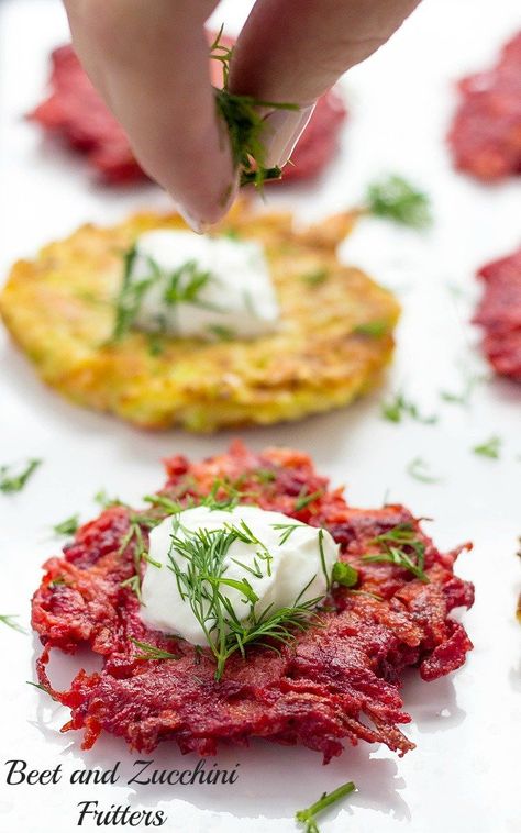 You've got to try Beet and Zucchini Fritters! They're so delicate and tasty! Be sure, regardless of how many fritters you make, they will sure to go fast! Beetroot Fritters, Lavender Macarons, Potato Fritters, Vegetarian Sides, Beet Recipes, Vegetarian Main Dishes, Chutney Recipe, Zucchini Fritters, Beet Salad