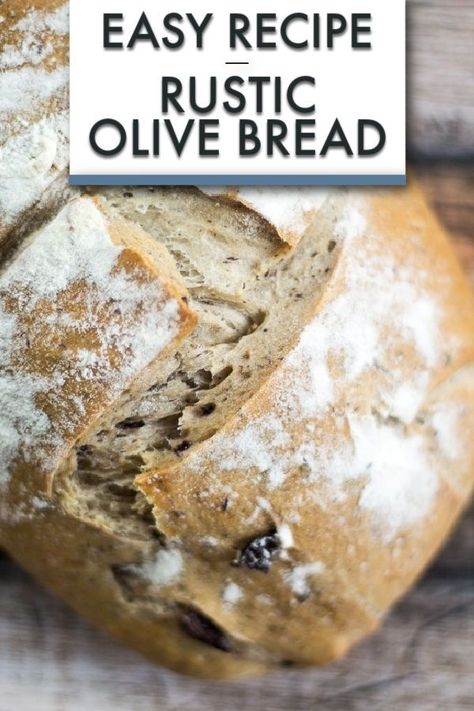 This Easy Rustic Olive Bread recipe uses salty kalamata olives to add a depth of flavor to this rustic bread recipe! #bread #mediterranean #olive #dough #easy Green Olive Bread, Rustic Bread Recipe, Olive Bread Recipe, Olive Bread, Rustic Bread, Loaf Recipes, No Knead Bread, Artisan Bread, Bread Recipes Homemade