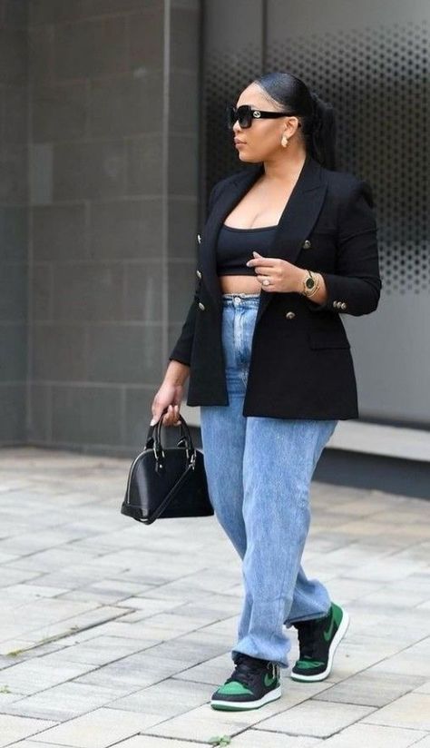 Blazer Jeans And Jordans Outfit, Blazer With Sneakers Women Black Women, Date Night Sneakers Outfit, Trina Rapper Outfits, Blazer And Jeans Outfit Black Women, Casual Spring Outfits Black Women Sneakers, Jeans And Sneakers Outfit Black Women, Blazer Jeans And Sneakers Outfit, Blazer And Jeans Outfit Women Classy