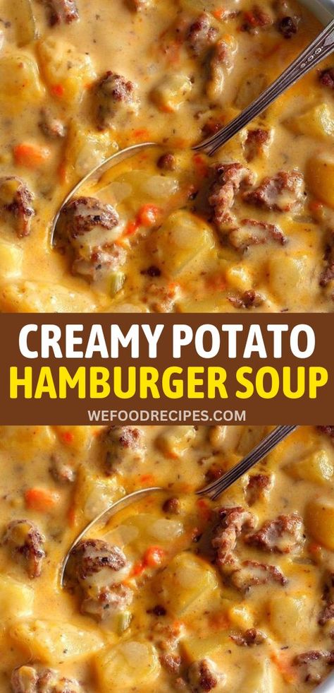 Delicious Creamy Potato and Hamburger Soup - A cozy soup with tender potatoes, savory hamburger, and creamy goodness, a perfect comfort food. #SoupRecipes #Soup #patato #hamburger #recipe #Recipes Potato And Hamburger Soup, Potato And Hamburger, Best Hamburger Soup Recipe, Potato Hamburger Soup, Hamburger Potato Soup, Comfort Soup Recipes, Hamburger Soup, Crockpot Soup Recipes, Comfort Soup