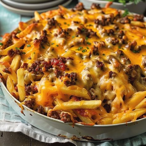 Cheeseburger French Fry Casserole Cheeseburger French Fry Casserole, Fry Casserole, French Fry Casserole, Gameday Food, Cooking French Fries, Cafe Recipes, Hamburger And Fries, French Fries Recipe, Hamburger Casserole