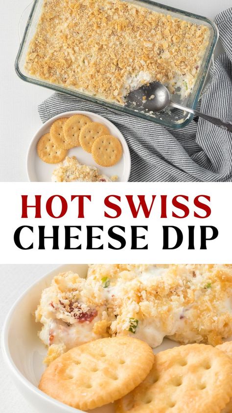 This gooey, hot Swiss Cheese Dip will be the talk of the party! Made with two types of cheese, sour cream, crumbled bacon, and green onion, then topped with buttery crackers, this savory dip is the perfect appetizer for your next tailgate, holiday party, or family get-together. Make up a batch of this creamy Swiss cheese dip today! It's the perfect Christmas and New Year's Eve Appetizer! Cream Cheese Chutney Dip, Swiss Cheese Dip Recipes, Hot Ham And Cheese Dip, Cream Cheese Bread Dip, Swiss Cheese Appetizers, Cream Cheese Based Dips, Christmas Cheese Dip, New Years Eve Dips, New Year’s Day Food