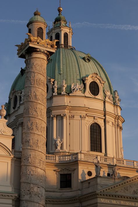 Karlskirche (Church of St. Charles Borromeo), Vienna, Austria ~ According to the photographer this photo was taken during an incredible sunset. Karlskirche Vienna, Vienna Architecture, St Charles Borromeo, Architecture Drawing Art, Cathedral Church, Chateau France, Baroque Architecture, Unique Buildings, St Charles